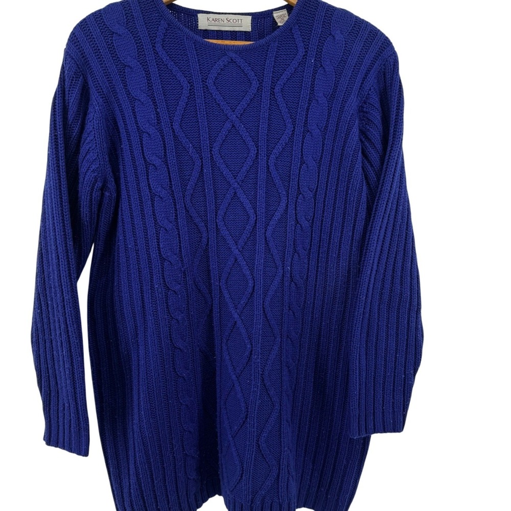 Vintage Karen Scott Womens Cobalt Blue Cable Knit Sweater Crew Neck Medium Comfy